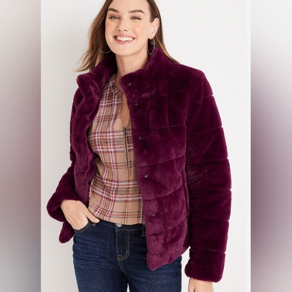 Maurices Burgandy Maroon Faux Fur Jacket Coat Size XL NEW NWT